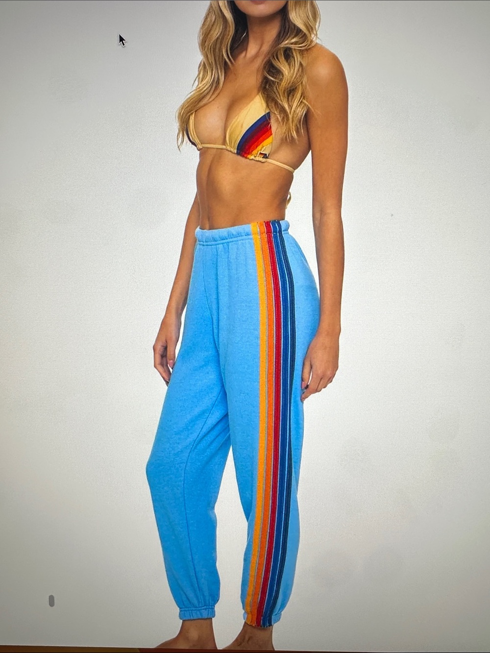 Aviator Nation Light Blue Cozy Sweatpants with Rainbow Tag Detail